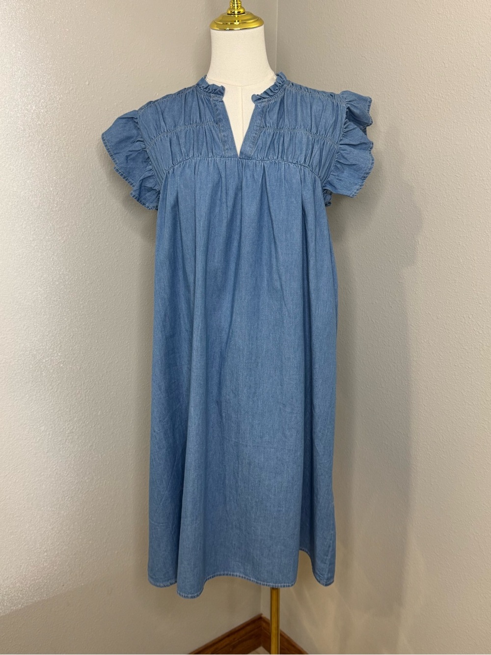 b.young Bykashe Frill Dress Light Blue Denim Cotton Ruffle Sleeve Shift EU36
